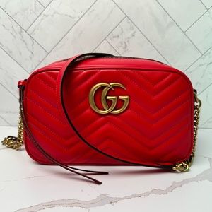Gucci small Calfskin Matelasse camera bag, red handbag, cross body shoulder